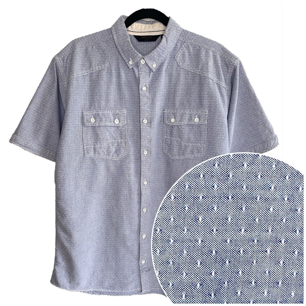 Outpost Makers Mens‎ XL Blue Chambray Look Dobby Short Sleeve Casual Shirt FLAW